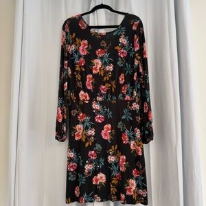 LOFT Black Floral Long Sleeve Stretch Knit Dress Women’s 12